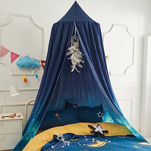 THREENTDAY Bed Canopy for Kids, Printed Hanging Canopy for Baby Brib Kids Bed Room Decor Reading Nook Indoor Outdoor Playing Castle (Blue Starry Sky)