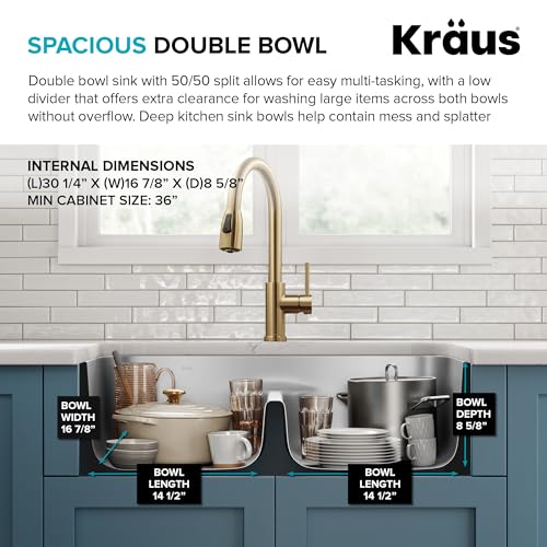 Image of KRAUS Premier 32-inch Undermount 50 /50 Double Bowl Low Divider 18-Gauge Stainless Steel Kitchen Sink with WasteGuard Continuous Feed Garbage Disposal, KBU32-100-75MB