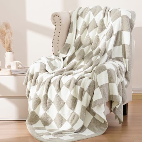 PHF Checkered Throw Blanket for Couch, Soft Knit Fluffy Checkerboard Fleece Blanket, Cozy Lightweight for Bed Sofa, Oat Color/Beige, 50