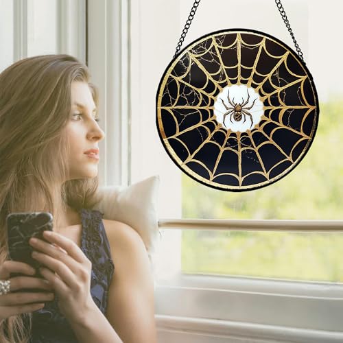 Image of Stained Glass Window Hanging - Black Gold Spider Suncatcher for Door Terrace Garden Home Decor Halloween Sun Catcher Christmas Birthday Gifts for Lovers Women Men Dad Mom Nana 15 in