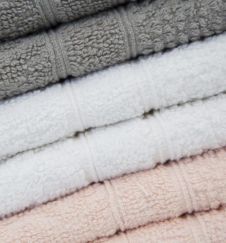 Image of Pleasant Home Chevron Wash Cloths Set - 12 Pack (12 inch x 12 inch) - 509 GSM - 100% Ring Spun Cotton Wash Cloth - Super Soft and Highly Absorbent Face Towels (Light Grey, White & Pink)