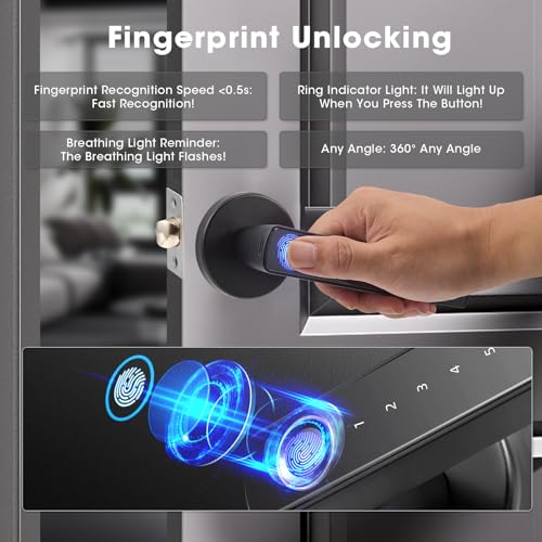 6-in-1 Intelligentes Türschloss und Griff für Türen mit Einer Dicke von 3–5.5 cm, Smart Fingerabdruck Biometrisches Elektronisches Türschloss für Zuhause, Wohnung, Büro, Haustür, Schlafzimmer