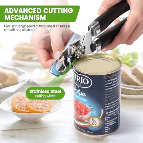 Diboniur Apriscatole Manuale, 3 in 1 Apriscatole Professionale in Acciaio Inossidabile, Apri Barattoli senza sforzo, Bordo Liscio (Nero) - immagine 3
