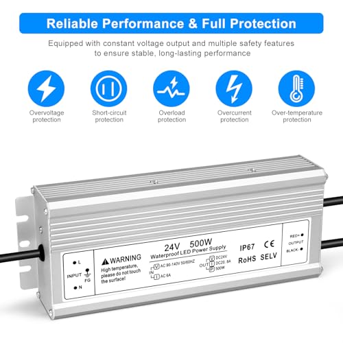 Image of 24V 500W LED Power Supply, IP67 Waterproof LED Driver, AC 110V to DC 24 Volt 20.83A Low Voltage Transformer Converter for Outdoor LED Lights, Lighting Projects & Industrial, 3-Prong Plug & 3.3FT Cable