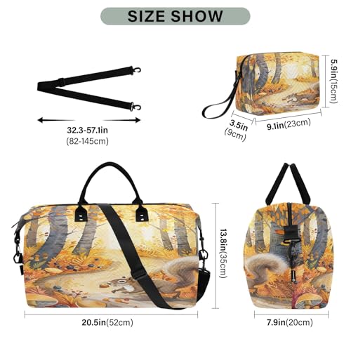 Weekender Bags Travel Duffel Gym Bag Children's Books Illustrate Winding Roads in Golden Maple Forests Squirrels Running with Acorns Mu Carry on Overnight Tote Bag with Toiletry Bag for Airplane Tra3