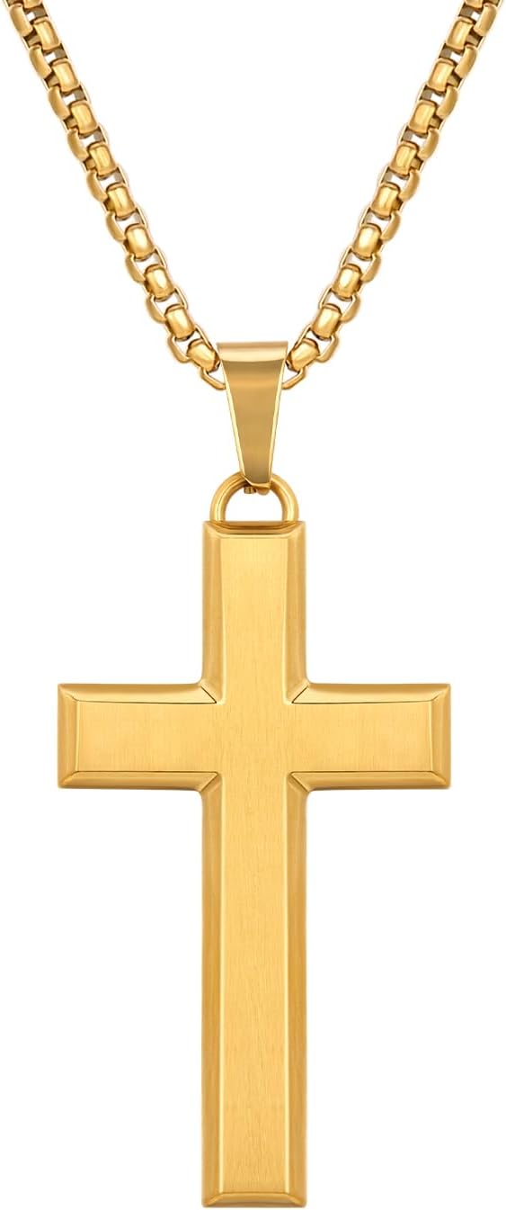 VEXXS Cross Necklace for Men, 18K Gold Plated Mosaic Polishing Cross Pendant Necklace, Stainless Steel Gold Chain With 2.5mm Box Chain, Durable No Color Fading Men’s Necklace Chain