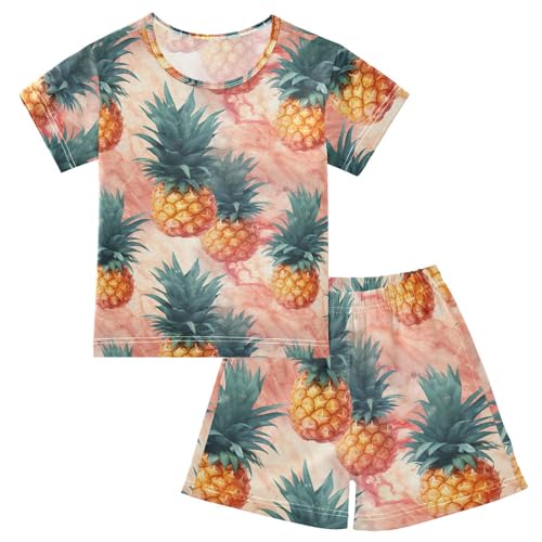 ALAZA Pineapples Pink Marble Pajama Set Short Sleeve Sleepwear Soft Lounge Nightwear
