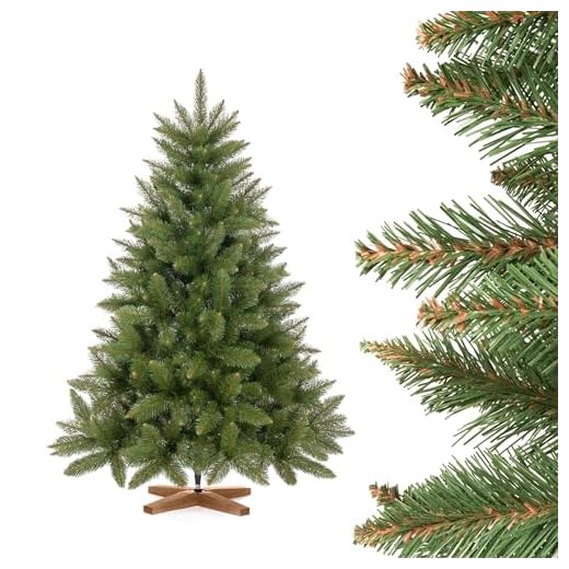 FairyTrees Weihnachtsbaum künstlich 120cm FICHTE Natur mit Christbaum Holzständer | Tannenbaum künstlich mit grünem Stamm | Made in EU…