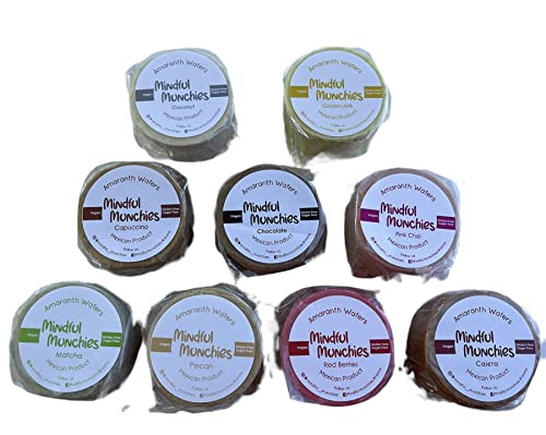 'OBLEAS Mindful Munchies Amaranth flour Healthy Wafers/ OBLEAS AMARANTO 100 % MEXICANAS ( 9 pack) VEGAN, GLUTEN FREE, DAIRY FREE, SUGAR FREE 1 of each flavor (Berries, Golden Milk, Dulce de Leche, Chocolate, Pecan, Cappuccino, Matcha, Pink Chai, Cocunut)