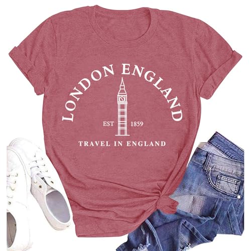 SUWATOIN London England T Shirts Women Big Ben Pattern T-Shirt Travel in England Tee Tops Pink