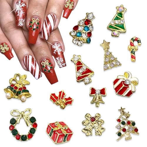 13Pcs Christmas Nail Charms Gold 3D Xmas Trees Bell Gift Nail Rhinestones Candy Canes Garland Alloy Nail Gems with Laser Colorful Gems Design Nails Shiny Jewelry Cute Winter Acrylic Nails for Women