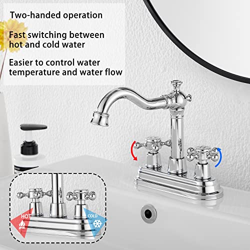 Chroem Bathroom Faucet GGStudy 2 Handles 4 Inches Centerset Faucet Bathroom Vanity Faucet with Drain Assembly and Supply Hose Lavatory Faucet Mixer Double Handle Tap Deck Mounted by GGStudy - Image 3