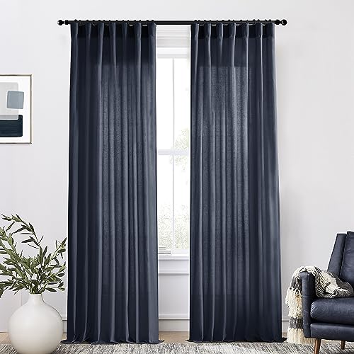 Image of XTMYI Indigo Blue Curtains 108 Inches Long for Living Room 2 Panels Set Back Tab Hook Pleat Linen Extra Long Sheer Curtain Drapes for Dining Room,Total Wide 100 x 108 Inch Length,Dark Navy
