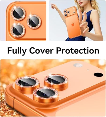 Image of for iPhone 17 Pro /iPhone 17 Pro Max Camera Lens Protector Glitter - for 17pro promax Cute Girly Metal Individual Bling Ring Cover for Women, 9H Anti-Scratch Tempered Glass, Cosmic Orange