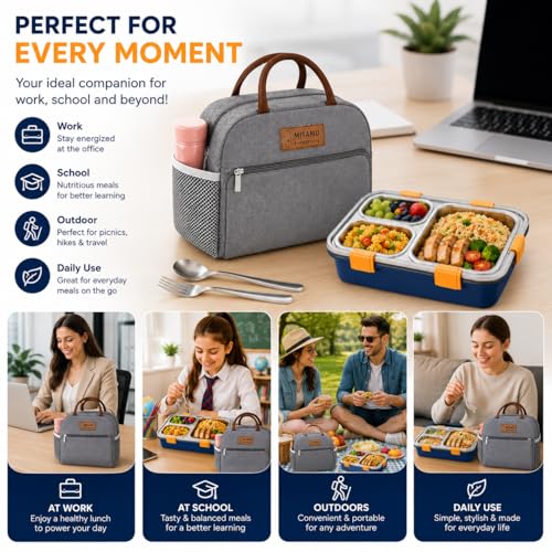 Image of Misamo Enterprise Lunch Box with Insulated Lunch Bag Combo, 3 Compartment Stainless Steel Lunch Box with Spoon & Fork, Leak Proof Food Container for School, Office & Travel (Grey Bag+Blue Lunch Box)