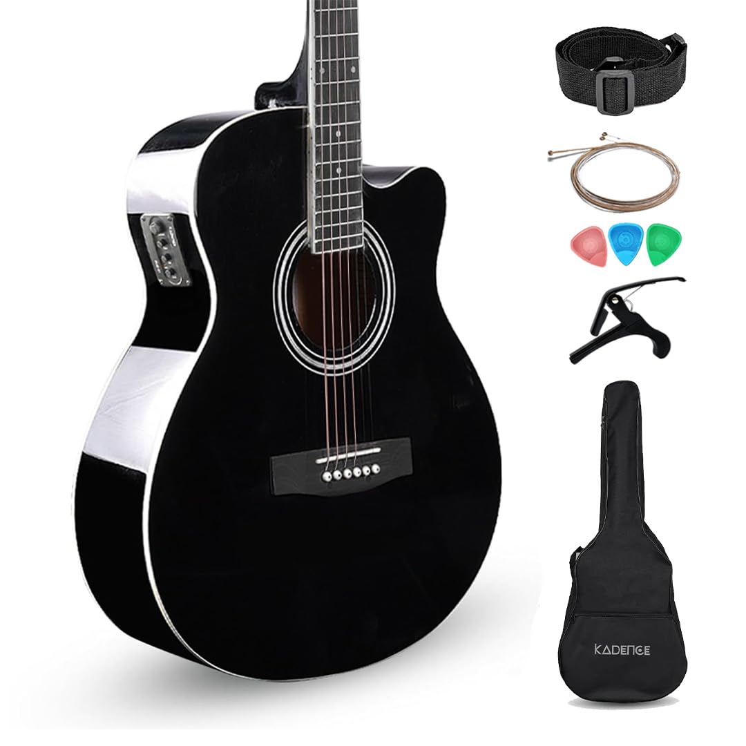 Kadence Frontier 40" Electro Acoustic Guitar Grand Auditorium Cutaway Comes with Bag, Set Of Strings, Strap, Picks, Capo EQ Includes Learning Course Glossy Black