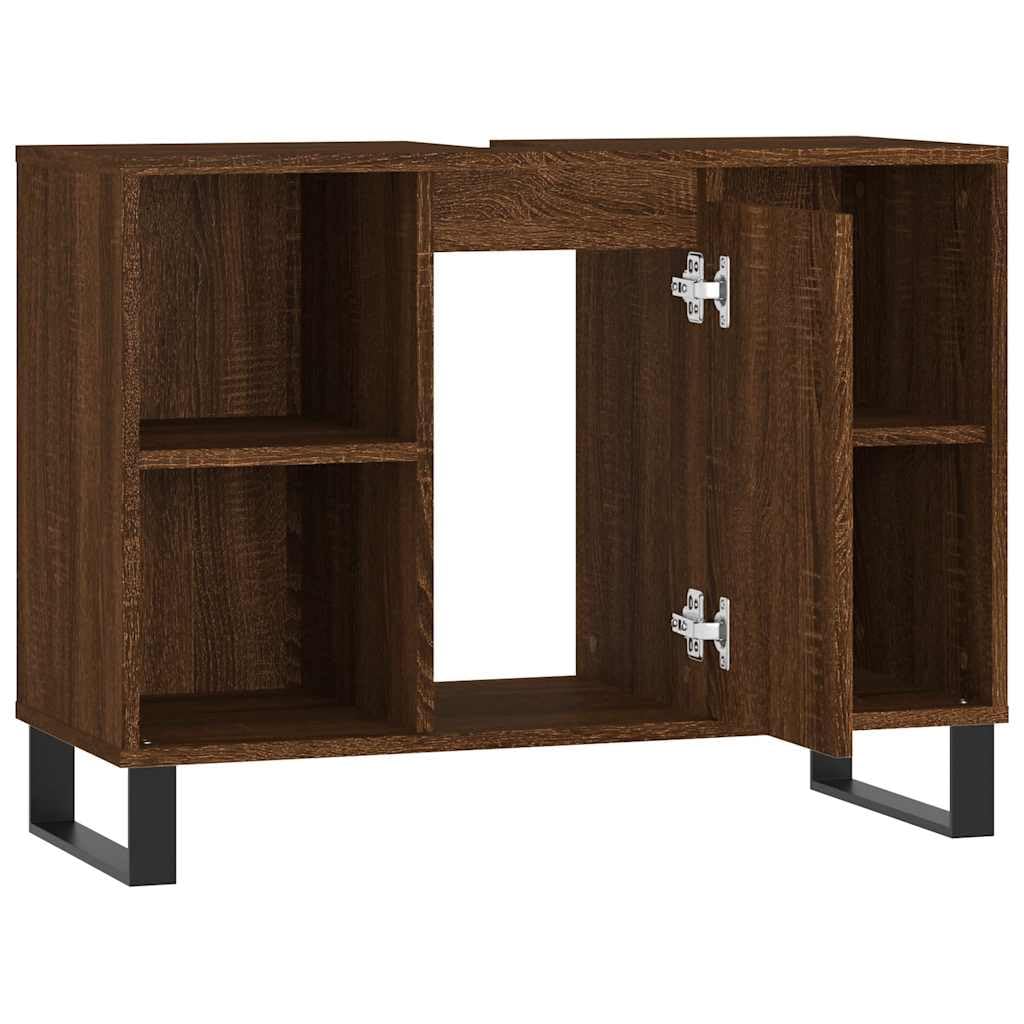 Szafka łazienkowa, brązowa, imitacja dębu, wykonana z materiału drewnopochodnego, 80 x 33 x 60 cm, 1 drzwi i 4 otwarte półki, żelazne nóżki, elastyczna konstrukcja drzwi, miejsce do