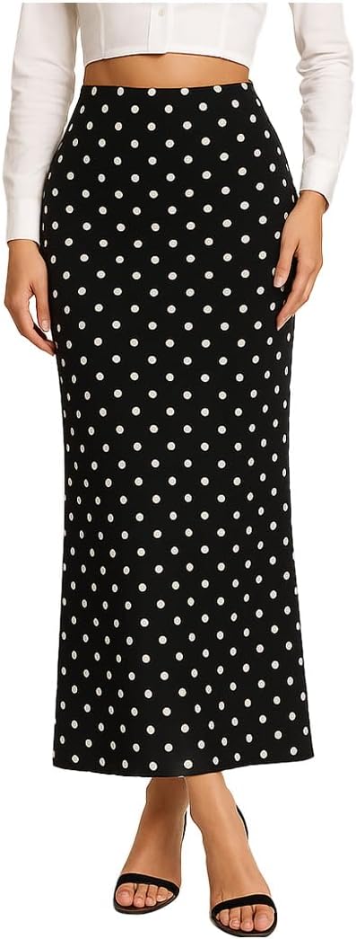 Womens Polka Dot Maxi Skirt Elegant High Waist Bodycon Long Skirts Casual Trendy