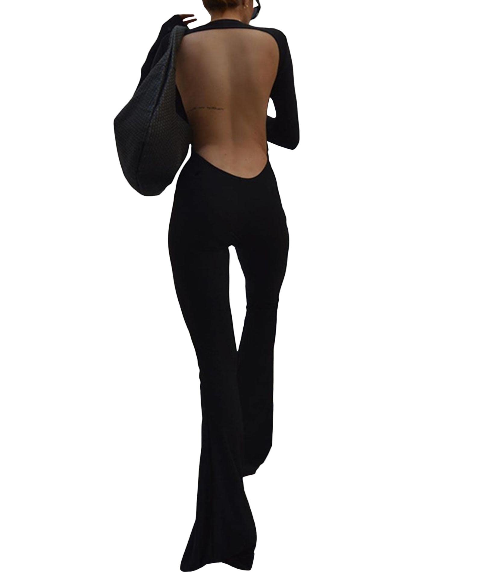 SOMTHRON Combinaison moulante sexy dos nu à jambes larges et manches longues pour femme