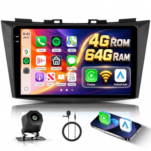 Hodozzy 4G+64G Autoradio pour Suzuki Swift 2011-2017/ Suzuki Ertiga 2012-2017 Android Écran Tactile 9 Pouces GPS Carplay Android Auto sans Fil, Poste Radio 2 Din Bluetooth DSP WiFi FM RDS Caméra