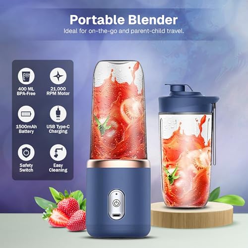 Image of HOMEBASIC Portable Blender 400ml, USB-C Rechargeable Smoothie Juicer with 6 Stainless Steel Blades, 22000RPM Mini Mixer for Shakes & Smoothies| Fruit Maker for Gym, Travel, Office & Kitchen