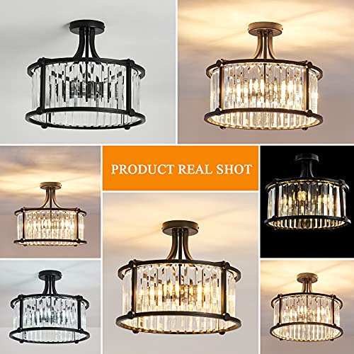 Yyjlx 6-Light Black Semi Flush Mount Crystal Chandelier Metal Modern Ceiling Light Fixture Lighting For Living Room Dining Room Kitchen Bedroom Foyer Hallway #TOP2
