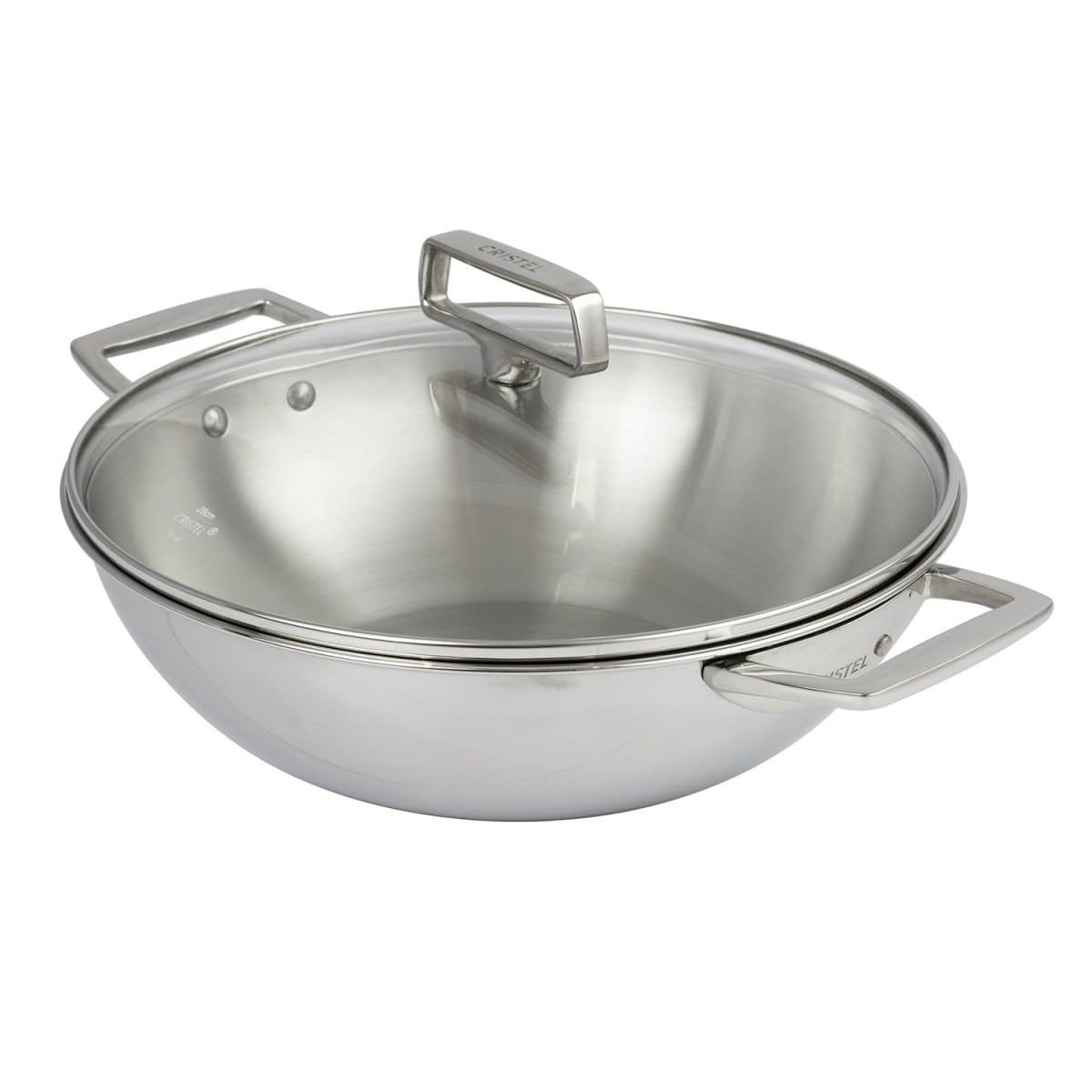 Cristel Wok en INOX ø28 cm, 2 anses fixes, couvercle verre