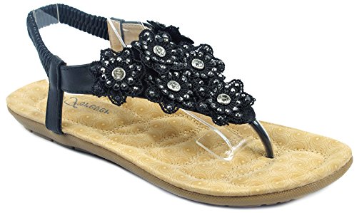 Forever Calista67 Womens Lace Flower Rhinestone T-Strap Slingback Thong Sandals