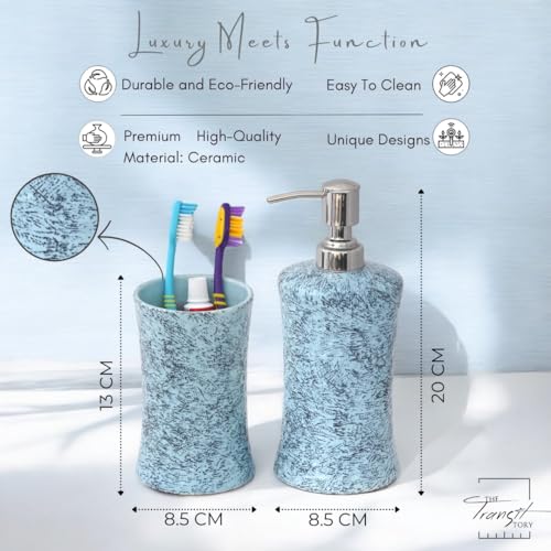 Image of Hand-Painted Ceramic Bathroom Accessories Set of 2 | 300ml Liquid Soap Dispenser & Toothbrush Holder | Rust-Proof Bathroom Organizer for Home & Wash Basin Decor | Blue
