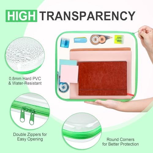 Image of Hoolerry 4 Pcs Hard Clear Zipper Case Makeup Bags Plastic Zipper Pouch Transparent Storage Box Containers for Cosmetics, Snacks, Building Blocks, Puzzles(Clear,13.8 x 11.8 x 2 in,Fluorescent)
