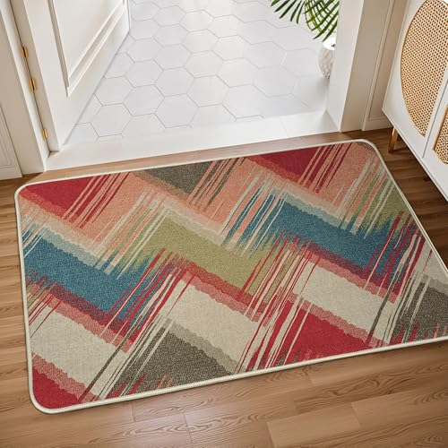 Image of Yellow Weaves 2 Pcs Jute Texture Non-Slip Bathmat, Water Absorbent Floor mat, Rugs, Door Mats for Bathroom, Living Room, Bedroom, Entrance, Outdoor, Kitchen, Office (Zigzag Multi)