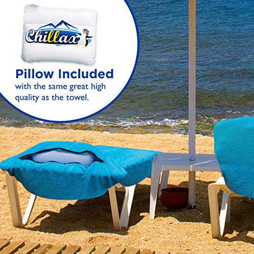 Chillax Beach Chair Pool Towels - A Must Have on a Cruise Ship for Men and Women. Towel Accessories Include Pillow and Side Pockets. No Clips Needed. Lounge Chaise Cover Great for Sunbathing at Hotel