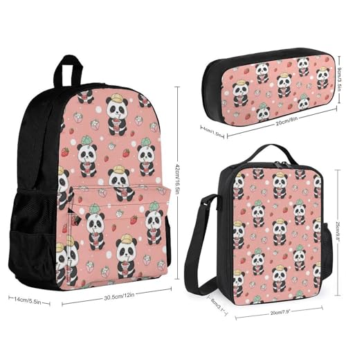 AMRANDOM Backpacks for Unisex Bookbags Lightweight Cute Pink Strawberry Panda Backpack Set with Lunch Bag Makeup Bags2