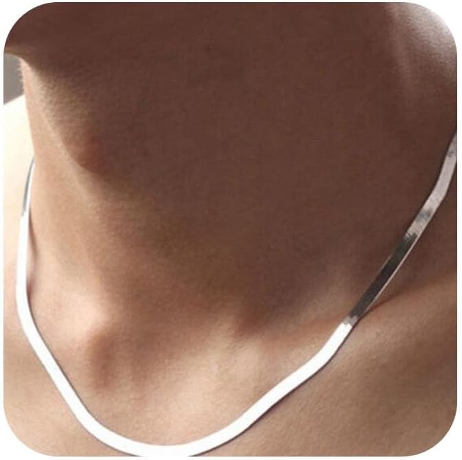 DOCCESTU Sterling Silver Necklace with Flat Herringbone Chain - Men & Women's Assorted Lengths 16-24in - High Polish, Hypoallergenic Exquisite Collar