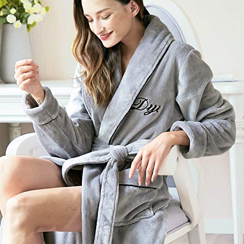 llwannr Winter Robe Exquisite Female Robes Winter Comfort Flannel Dressing Gown Women Pink Letter Embroidery Home Warm Long Bath Robe Couple,Silver Gray Women,XL