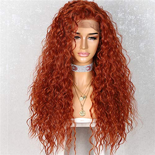 WIGODDESS Orange Curly Lace Front Wig, Curly Wig Daily Makeup Party Wig Perruque Heat Resistant Hair 26 inch Dark Orange Synthetic Lace Front Wig Curly Lace Front Wig For Women