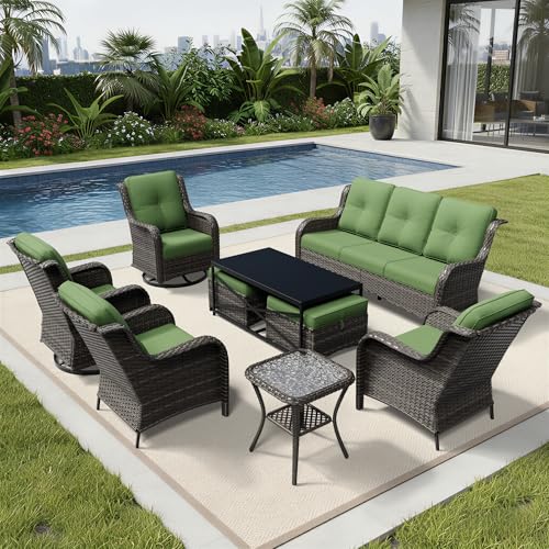 Image of Joyside 9 Piece Wicker Patio Furniture Set, Outdoor Swivel Rocker Patio Chairs with High Back, Deep Seating, Wide Armrest, Thickened Cushions, Outdoor Furniture for Deck, Porch Use