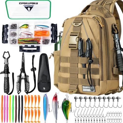 Ghosthorn Fishing Backpack with Tackle Boxes Fish Pliers Fish Lip Gripper Lures Waterproof Tackle Bag with Rod Holder Fishing Gear Sling Bag Gift For Men Women Anglers (Khaki)