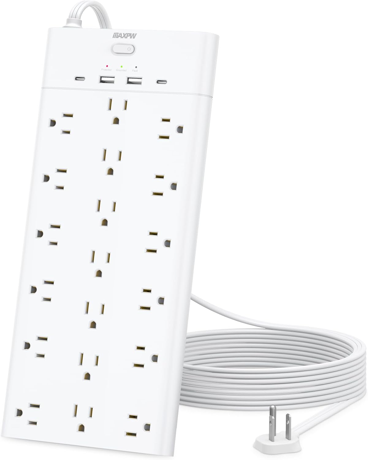 Power Strip Surge Protector Outlet Extender with 19 Outlets and 4 USB Ports (2 USB C), 6.5 Ft Extension Cord & Flat Plug, 2100 Joules, Wall Mount for Home, Office, Dorm, White 6.5 Ft White