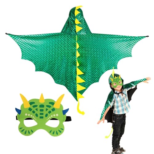 DKINY Karneval Dinosaurier Umhang, Karneval Cosplay Kinder Köstum Cape mit Mask, Drachen Mantel Kleidung für Rollenspiel Halloween Themenparty Halloween Maskerade Jungen Mädchen, Grün