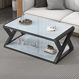 Modern Rectangle Coffee Table Coffee Table With Round Corners 2 Tier Coffee Table With Storage Shelf Rectangular Center Table For Living Room Farmhouse Style Glass Material Tea Table(Coffee table-f,14