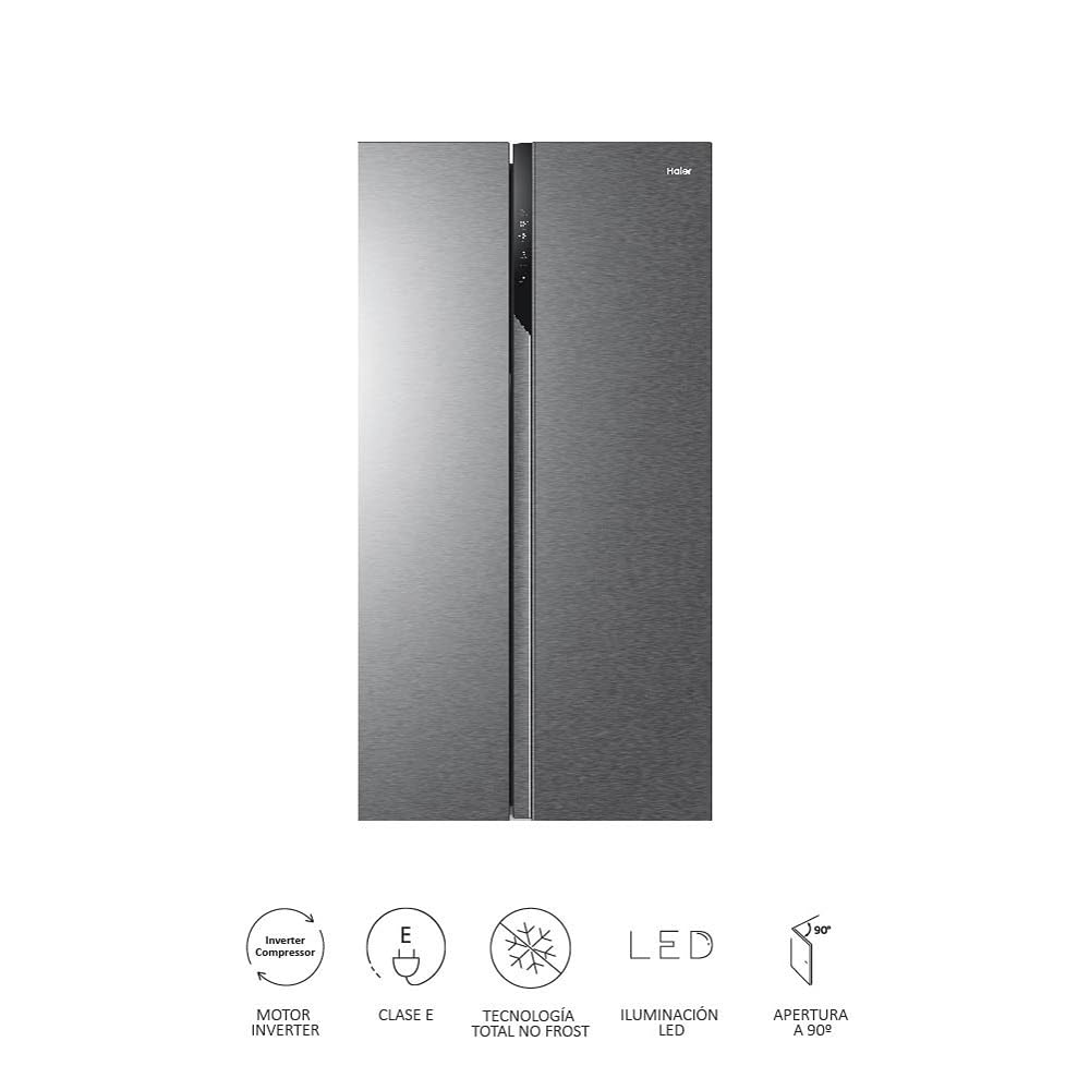 Haier SBS 90 Series 3 HSR3918ENPG - Frigorífico Side by Side, Americano, Apertura 90 grados, Tecnología Antibacterias, Capacidad XXL 528 L, Total No Frost, Clase E, Inox, Gris, 177,5 x 90,8 x 64,7 cm
