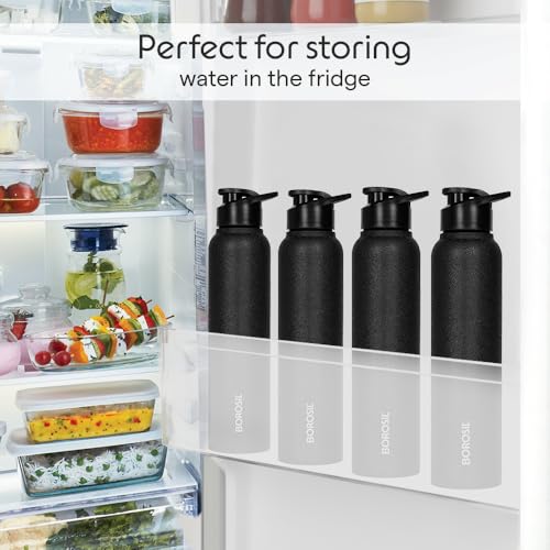 Image of Borosil 1 L Cosmo Black Stainless Steel Water Bottle | ISI Certified Made in India Single Wall, Wide Mouth, Leakproof | Powder Coated, Fridge Safe | 1 Year Warranty