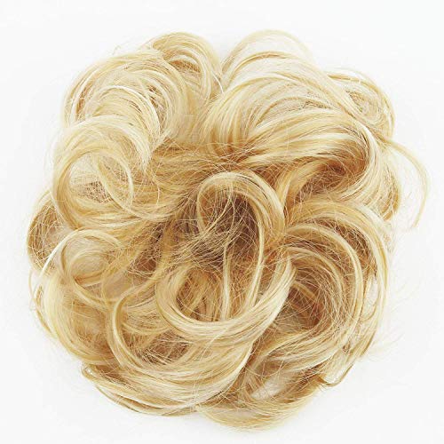 Messy Bun Hair Piece Hair Scrunchies Extension Curly Wavy Messy Synthetic Chignon for Women Updo Hairpiece (Golden Mixed Bleach White Blonde)