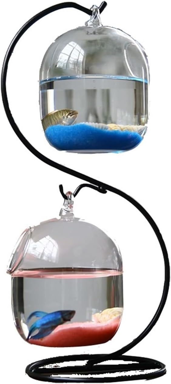 Aquarium Fish-Bowl Desktop Decorative Small Fish Tank Bent Shape Metal Frame with 2 Glass Tanks