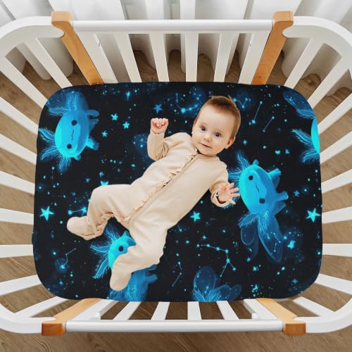 Image of Cartoon Galaxy Axolotl Crib Sheets Soft Breathable Fitted Baby Crib Sheets Mattress Cover for Girls Boys, 52 inch x 28 inch x 9 inch