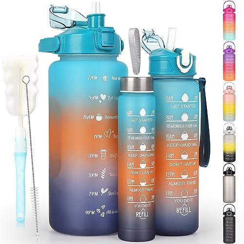 OKKLE Paquete de 3 botellas de agua de 2 litros, 700 ml, 300 ml, sin BPA, a prueba de fugas, botella de agua reutilizable con asa y popote para gimnasio, escuela, oficina, al aire libre
