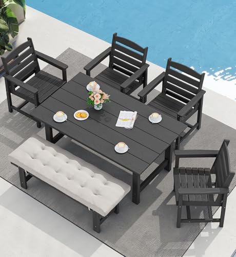 SERWALL Outdoor Dining Set for 6, HDPE Outdoor Furniture with Umbrella Hole & 1 Cushioned Bench & 4 Outdoor Dining Chairs, Black