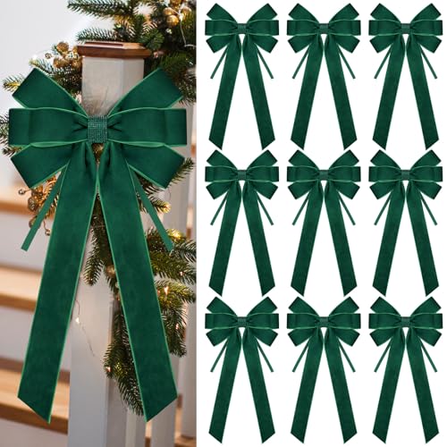 9 Pack Velvet Bows for Christmas Tree 18 x 8.7 Inches Large Velvet Christmas Wreath Bows with Clip Rhinestone Ribbon,Xmas Tree Topper Ornament for Home Indoor Outdoor Decoration(Dark Green)