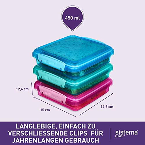 Foto von Sistema Brotdose Sandwichbox | 450 ml | stapelbare und luftdichte Lunchbox mit Deckel | Lunchbox Kinder & Erwachsene | gemischte Farben | 3 Stück